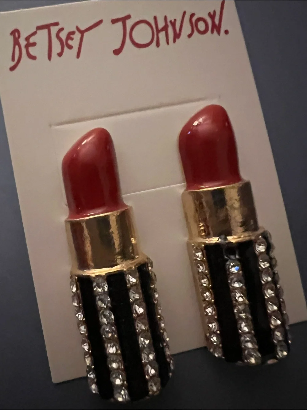 💄Betsey Johnson Red Lipstick Stud Earrings with Rhinestones & Striped Case 💄